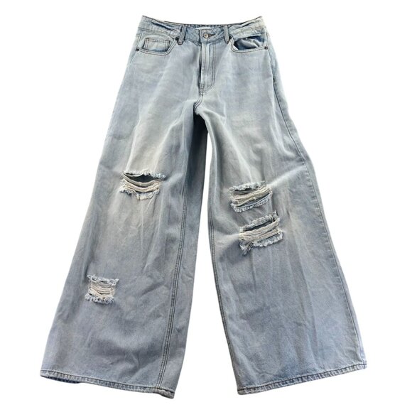Almost Famous Womens Jeans Size 7 Blue Denim Light Wash Wide Leg Distressed - Picture 1 of 15